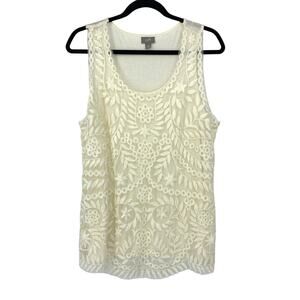 J. Jill Top Womens LP Cream Floral Leaf Embroidered Sheer Mesh Overlay